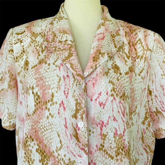 Alfred Dunner Snakeskin Pattern Button Up Top Sz 12 Rose Beige Office Mature - Picture 1 of 6